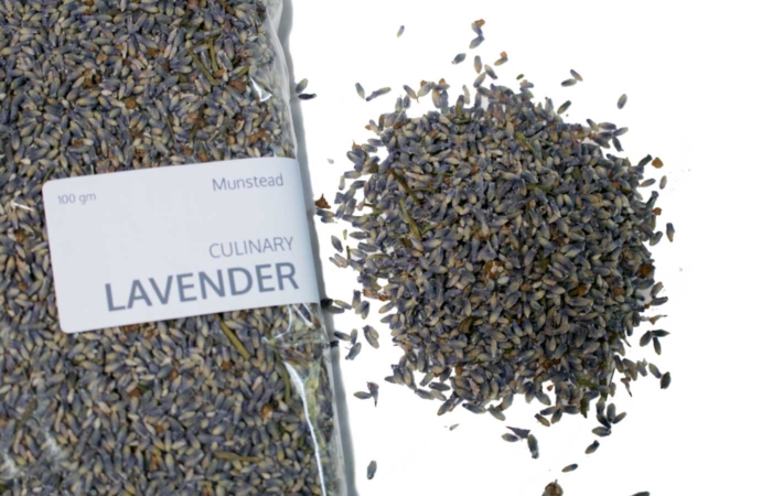 Close-up of Munstead dried culinary lavender buds.