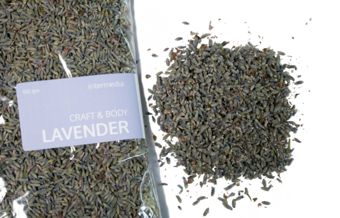 Close-up of Intermedia dried lavender buds showcasing their grey colour and fine texture.